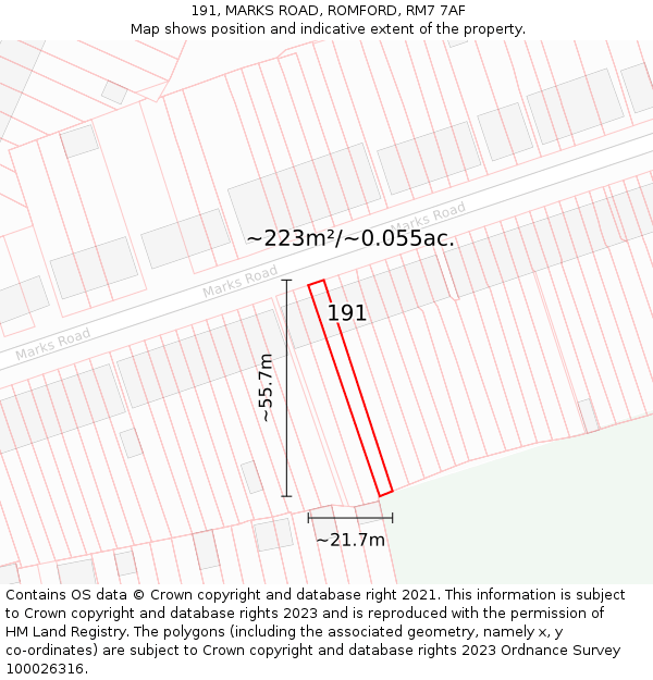 191, MARKS ROAD, ROMFORD, RM7 7AF: Plot and title map