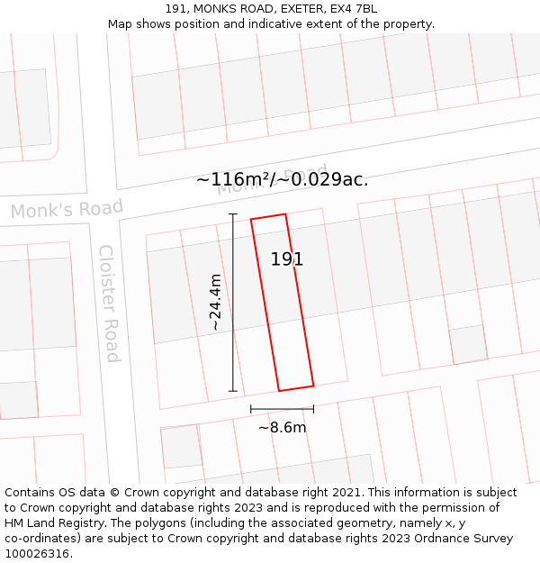 191, MONKS ROAD, EXETER, EX4 7BL: Plot and title map