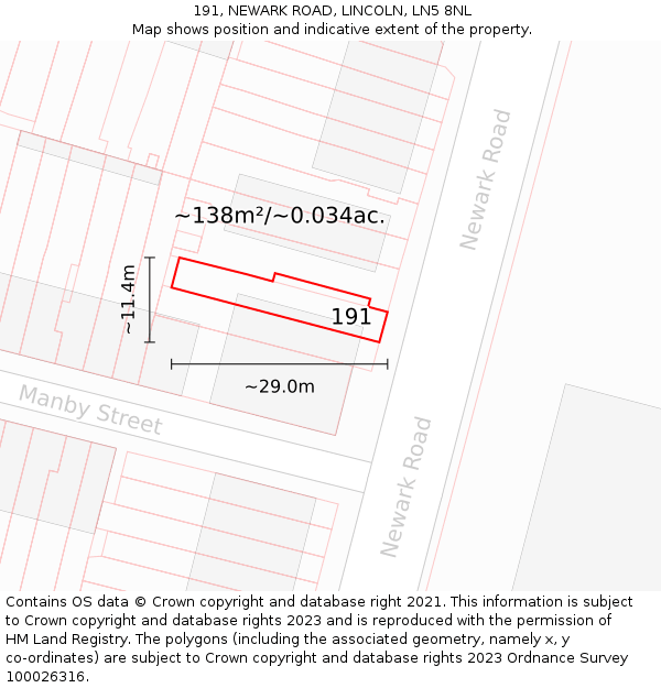 191, NEWARK ROAD, LINCOLN, LN5 8NL: Plot and title map