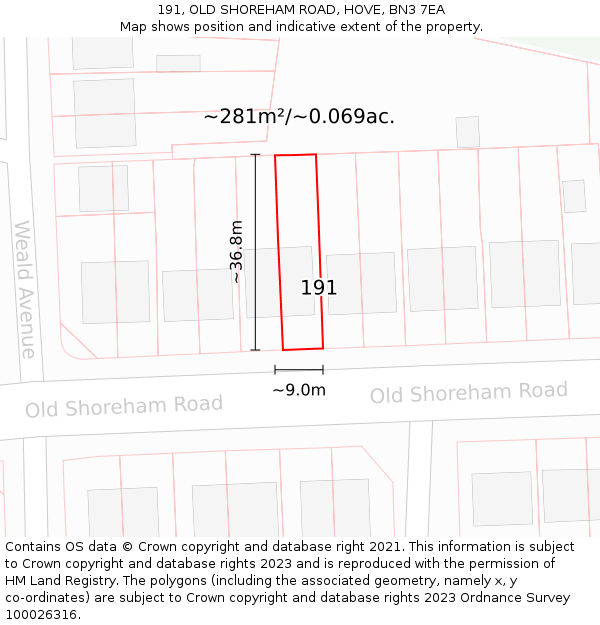 191, OLD SHOREHAM ROAD, HOVE, BN3 7EA: Plot and title map