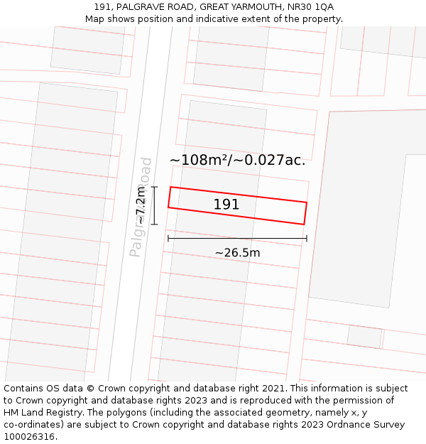191, PALGRAVE ROAD, GREAT YARMOUTH, NR30 1QA: Plot and title map