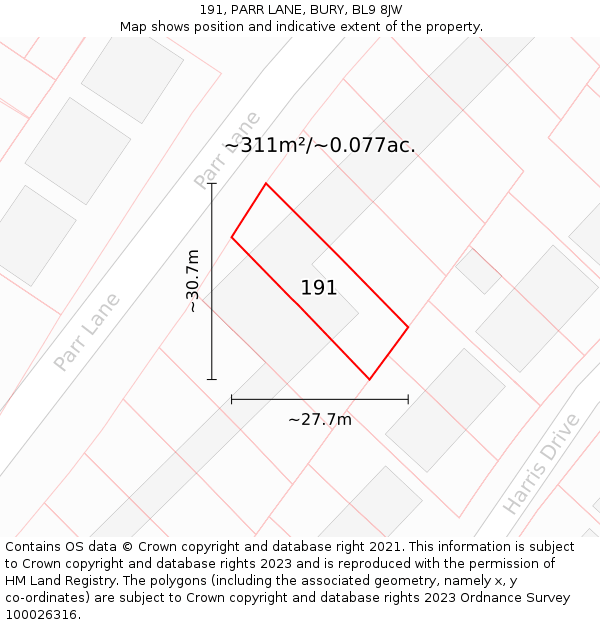 191, PARR LANE, BURY, BL9 8JW: Plot and title map