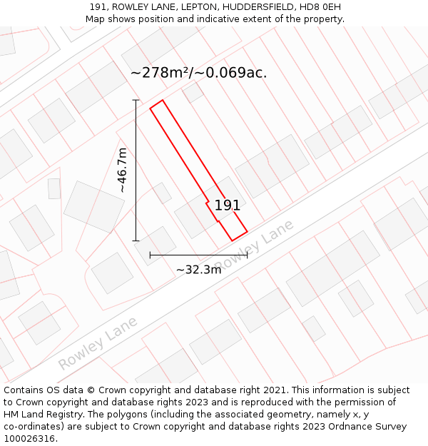 191, ROWLEY LANE, LEPTON, HUDDERSFIELD, HD8 0EH: Plot and title map