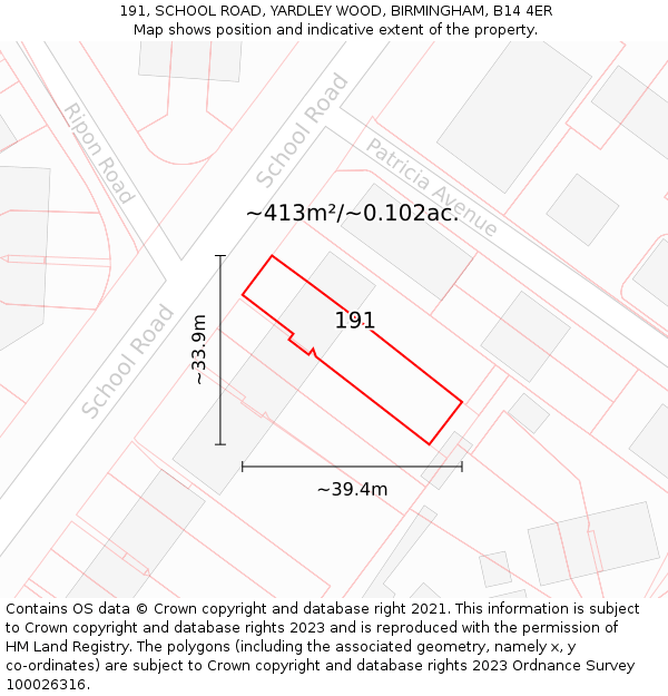 191, SCHOOL ROAD, YARDLEY WOOD, BIRMINGHAM, B14 4ER: Plot and title map