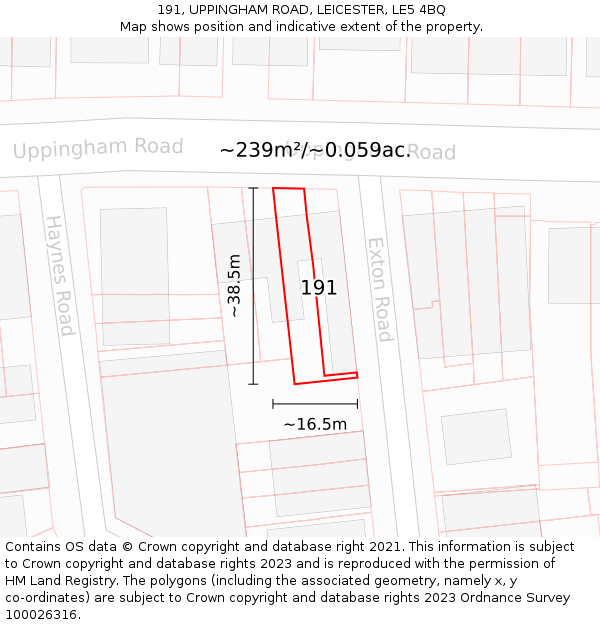 191, UPPINGHAM ROAD, LEICESTER, LE5 4BQ: Plot and title map