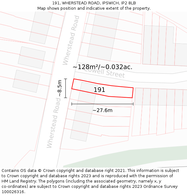 191, WHERSTEAD ROAD, IPSWICH, IP2 8LB: Plot and title map