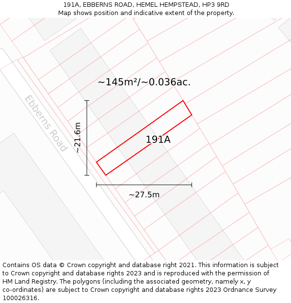191A, EBBERNS ROAD, HEMEL HEMPSTEAD, HP3 9RD: Plot and title map