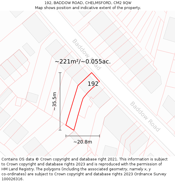 192, BADDOW ROAD, CHELMSFORD, CM2 9QW: Plot and title map