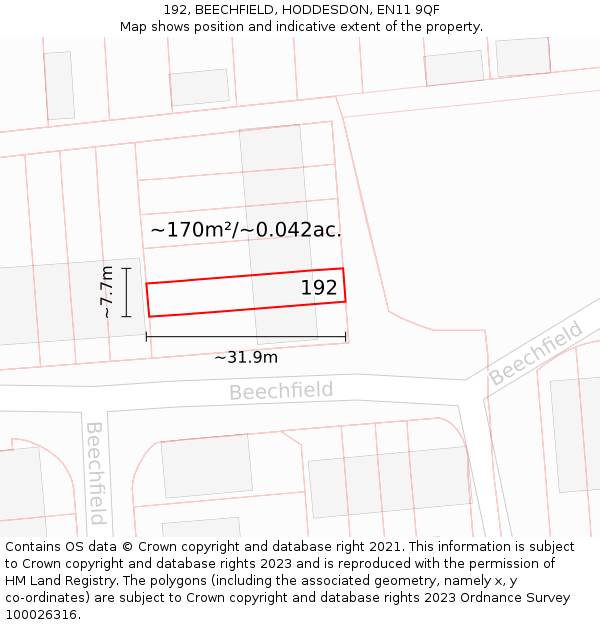 192, BEECHFIELD, HODDESDON, EN11 9QF: Plot and title map