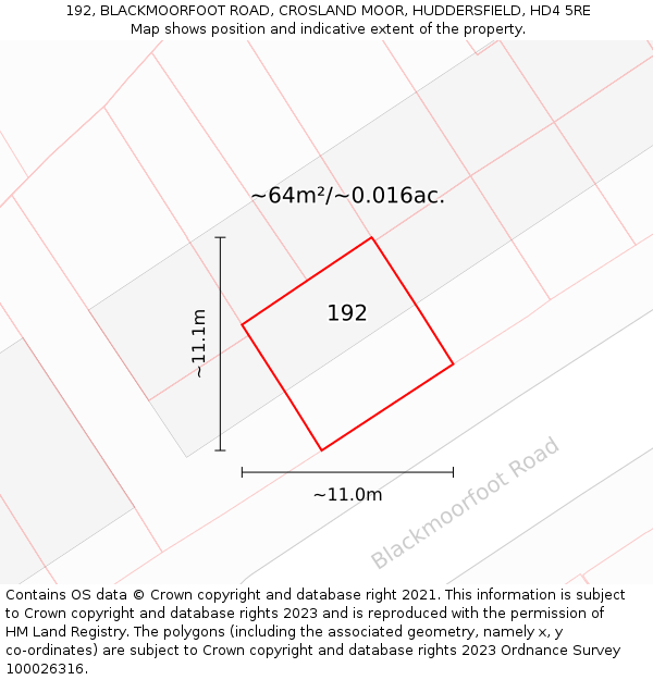 192, BLACKMOORFOOT ROAD, CROSLAND MOOR, HUDDERSFIELD, HD4 5RE: Plot and title map