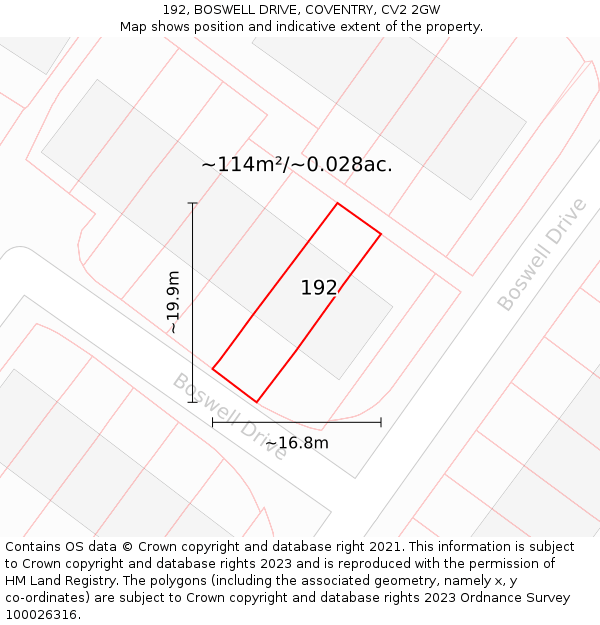 192, BOSWELL DRIVE, COVENTRY, CV2 2GW: Plot and title map
