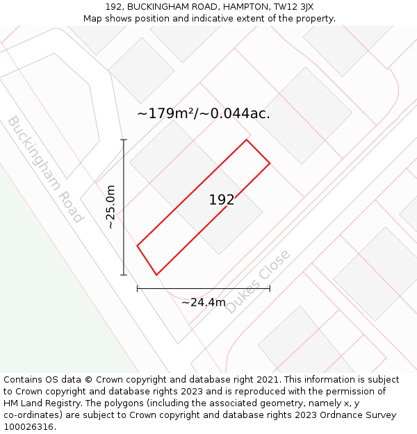 192, BUCKINGHAM ROAD, HAMPTON, TW12 3JX: Plot and title map