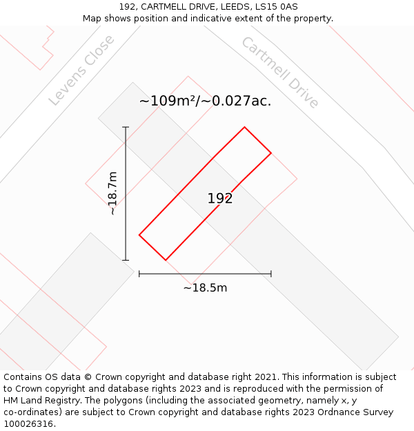 192, CARTMELL DRIVE, LEEDS, LS15 0AS: Plot and title map