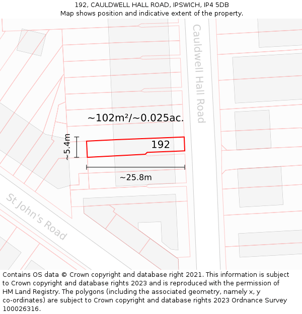 192, CAULDWELL HALL ROAD, IPSWICH, IP4 5DB: Plot and title map