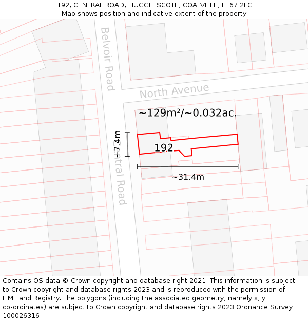 192, CENTRAL ROAD, HUGGLESCOTE, COALVILLE, LE67 2FG: Plot and title map