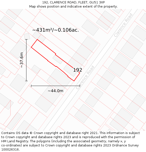 192, CLARENCE ROAD, FLEET, GU51 3XP: Plot and title map