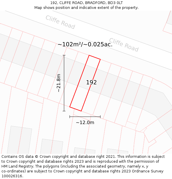 192, CLIFFE ROAD, BRADFORD, BD3 0LT: Plot and title map