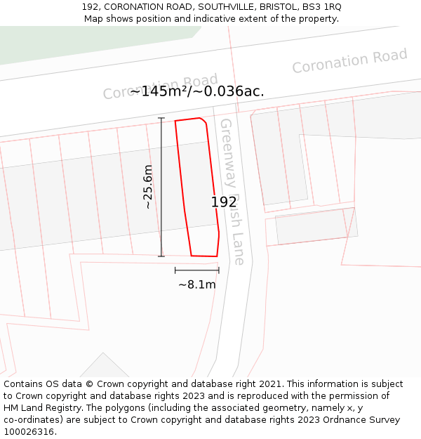 192, CORONATION ROAD, SOUTHVILLE, BRISTOL, BS3 1RQ: Plot and title map