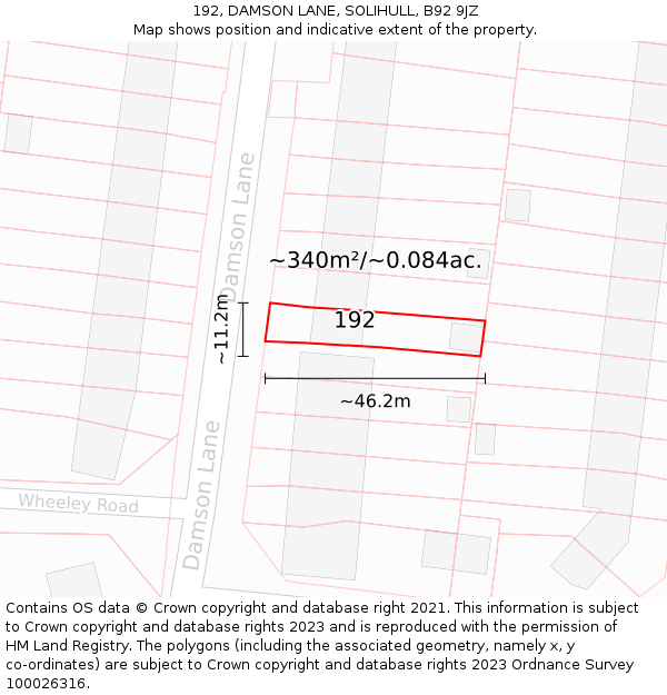 192, DAMSON LANE, SOLIHULL, B92 9JZ: Plot and title map