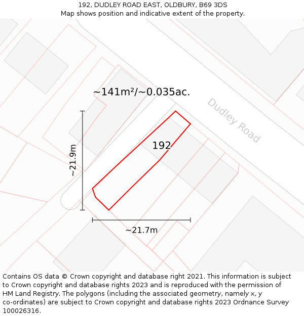 192, DUDLEY ROAD EAST, OLDBURY, B69 3DS: Plot and title map