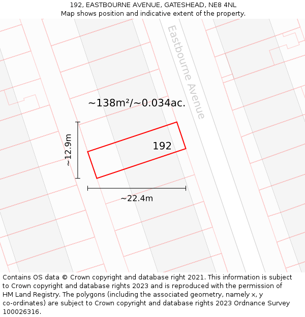 192, EASTBOURNE AVENUE, GATESHEAD, NE8 4NL: Plot and title map
