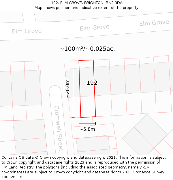 192, ELM GROVE, BRIGHTON, BN2 3DA: Plot and title map