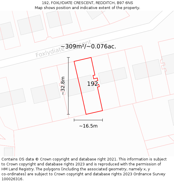 192, FOXLYDIATE CRESCENT, REDDITCH, B97 6NS: Plot and title map
