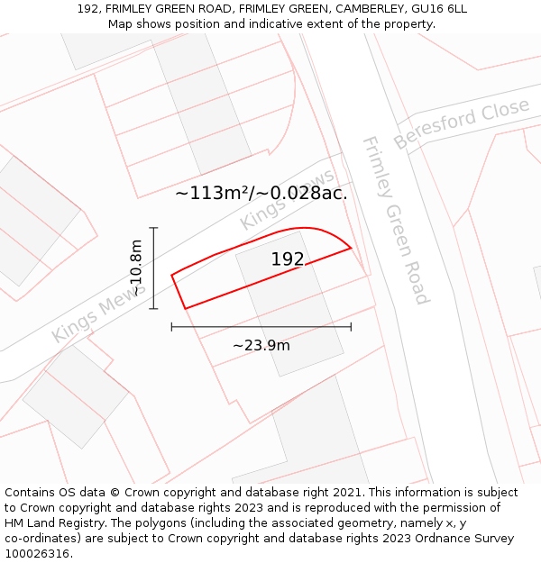192, FRIMLEY GREEN ROAD, FRIMLEY GREEN, CAMBERLEY, GU16 6LL: Plot and title map