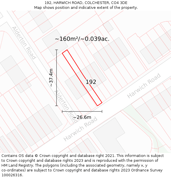 192, HARWICH ROAD, COLCHESTER, CO4 3DE: Plot and title map