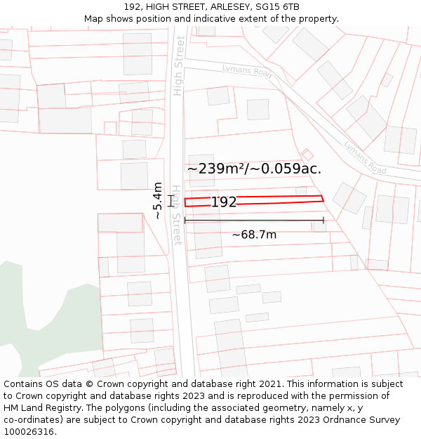 192, HIGH STREET, ARLESEY, SG15 6TB: Plot and title map