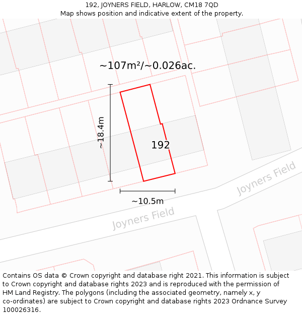 192, JOYNERS FIELD, HARLOW, CM18 7QD: Plot and title map