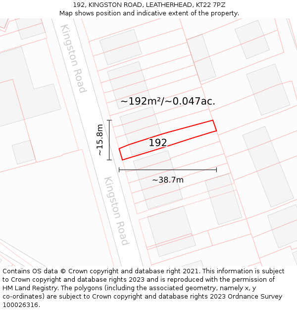 192, KINGSTON ROAD, LEATHERHEAD, KT22 7PZ: Plot and title map