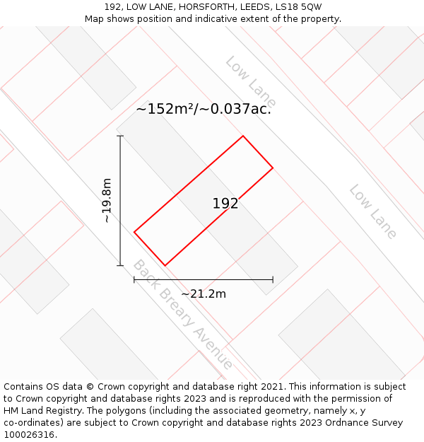 192, LOW LANE, HORSFORTH, LEEDS, LS18 5QW: Plot and title map