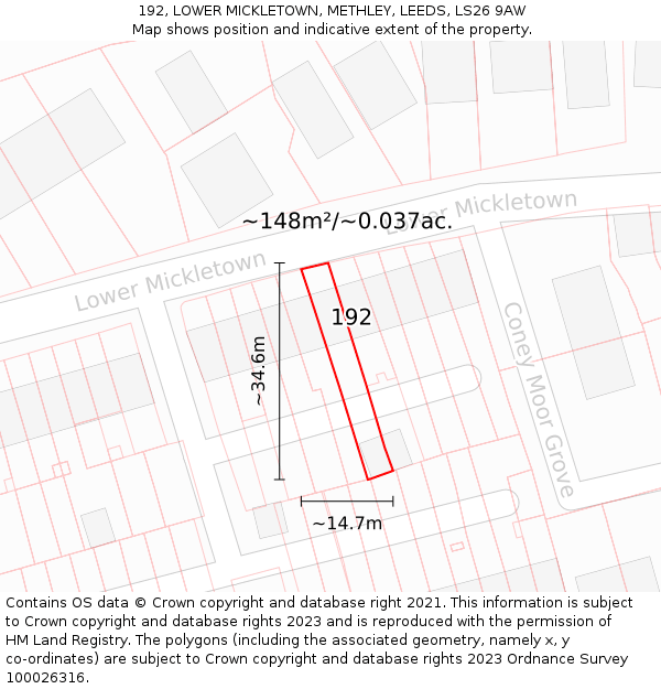 192, LOWER MICKLETOWN, METHLEY, LEEDS, LS26 9AW: Plot and title map