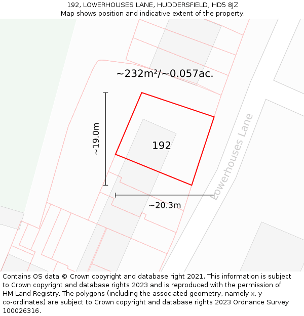 192, LOWERHOUSES LANE, HUDDERSFIELD, HD5 8JZ: Plot and title map