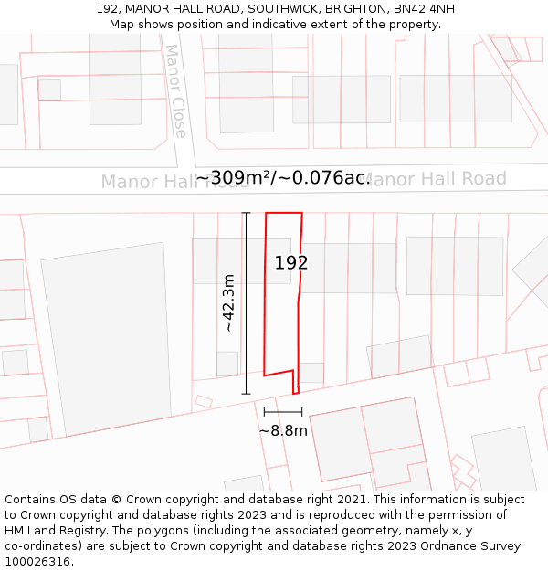 192, MANOR HALL ROAD, SOUTHWICK, BRIGHTON, BN42 4NH: Plot and title map