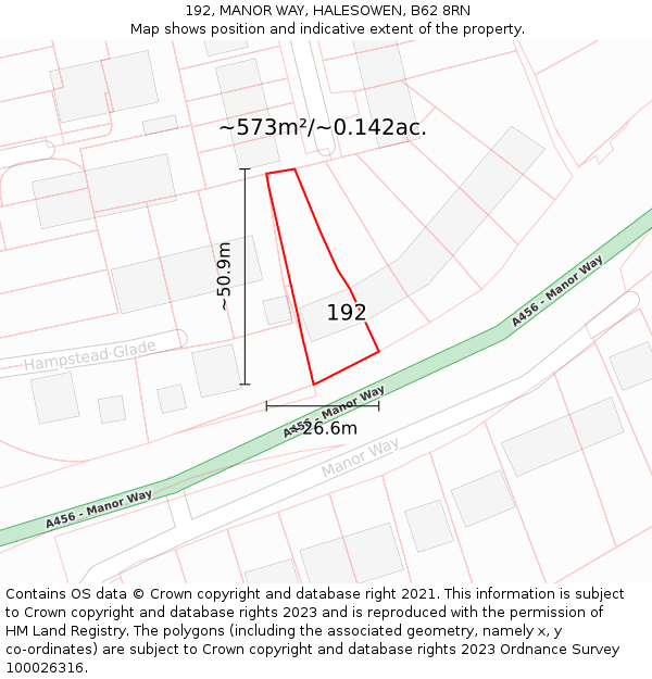 192, MANOR WAY, HALESOWEN, B62 8RN: Plot and title map