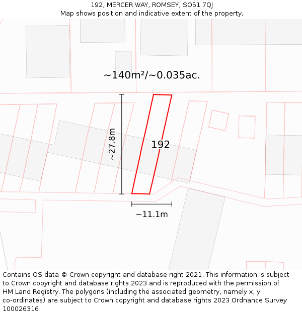 192, MERCER WAY, ROMSEY, SO51 7QJ: Plot and title map