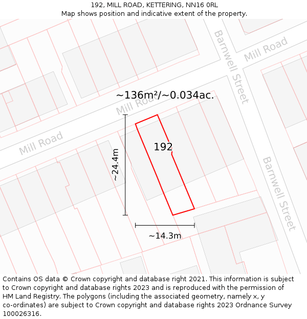 192, MILL ROAD, KETTERING, NN16 0RL: Plot and title map