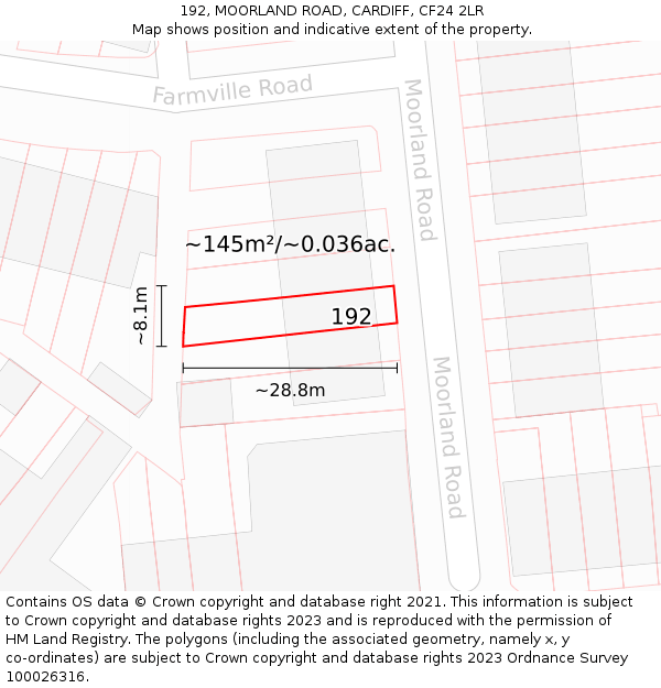 192, MOORLAND ROAD, CARDIFF, CF24 2LR: Plot and title map