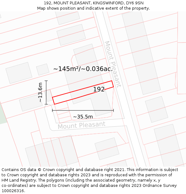 192, MOUNT PLEASANT, KINGSWINFORD, DY6 9SN: Plot and title map