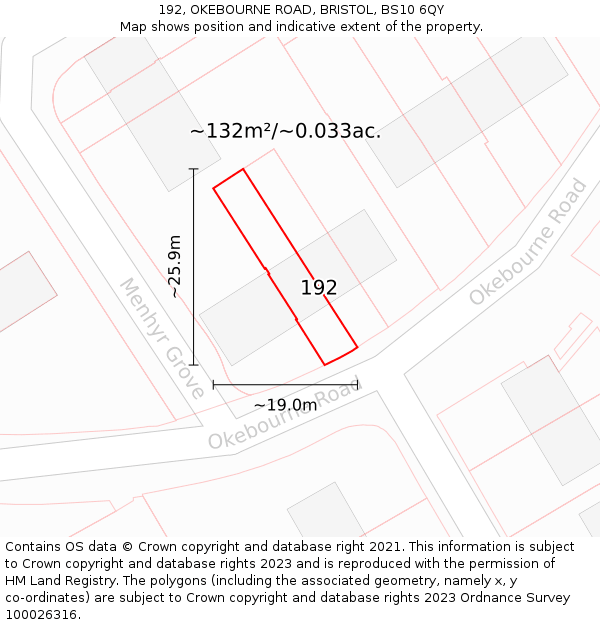 192, OKEBOURNE ROAD, BRISTOL, BS10 6QY: Plot and title map
