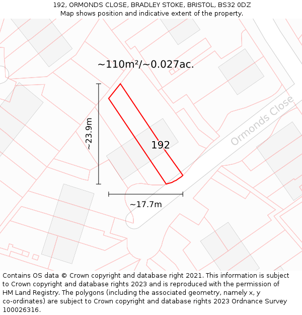 192, ORMONDS CLOSE, BRADLEY STOKE, BRISTOL, BS32 0DZ: Plot and title map