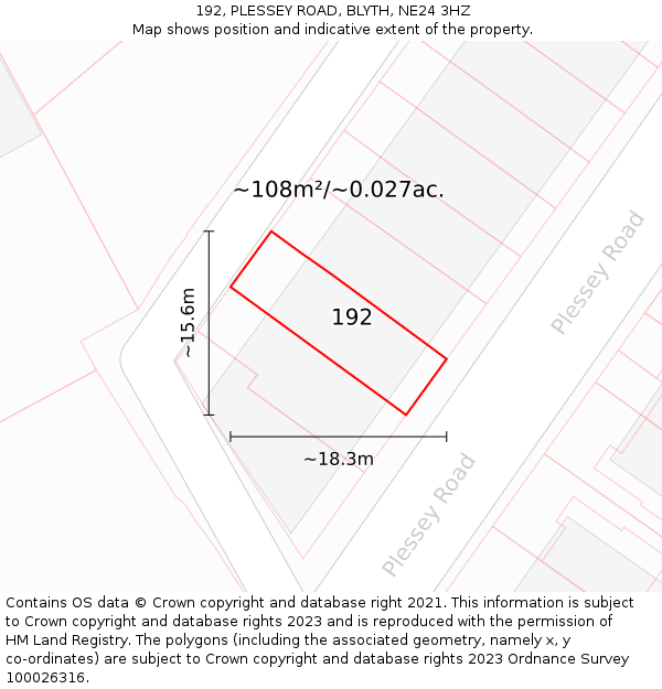 192, PLESSEY ROAD, BLYTH, NE24 3HZ: Plot and title map