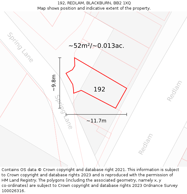 192, REDLAM, BLACKBURN, BB2 1XQ: Plot and title map