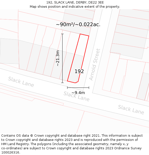 192, SLACK LANE, DERBY, DE22 3EE: Plot and title map