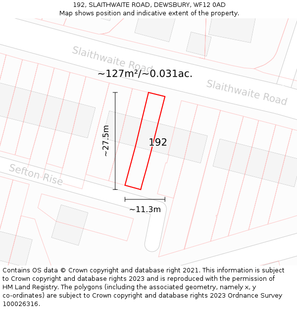 192, SLAITHWAITE ROAD, DEWSBURY, WF12 0AD: Plot and title map