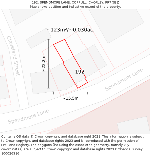 192, SPENDMORE LANE, COPPULL, CHORLEY, PR7 5BZ: Plot and title map