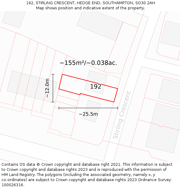 192, STIRLING CRESCENT, HEDGE END, SOUTHAMPTON, SO30 2AH: Plot and title map