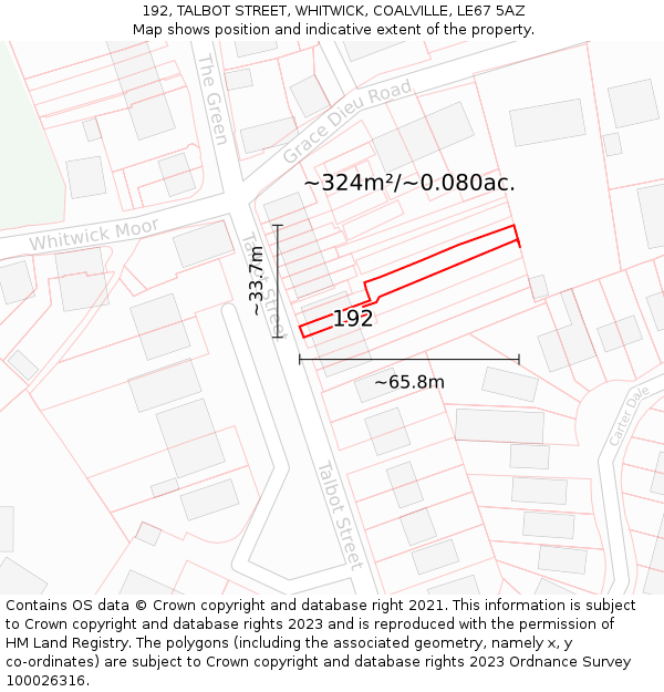 192, TALBOT STREET, WHITWICK, COALVILLE, LE67 5AZ: Plot and title map